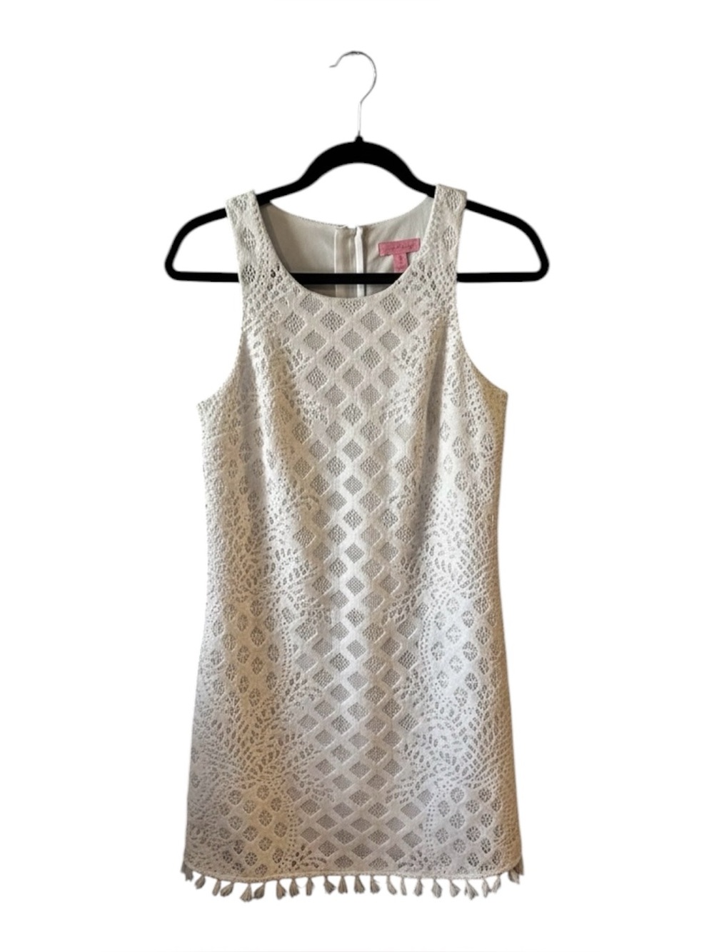 Lilly Pulitzer White Geometric Lace Shift Dress with Tassel Hem - Size S